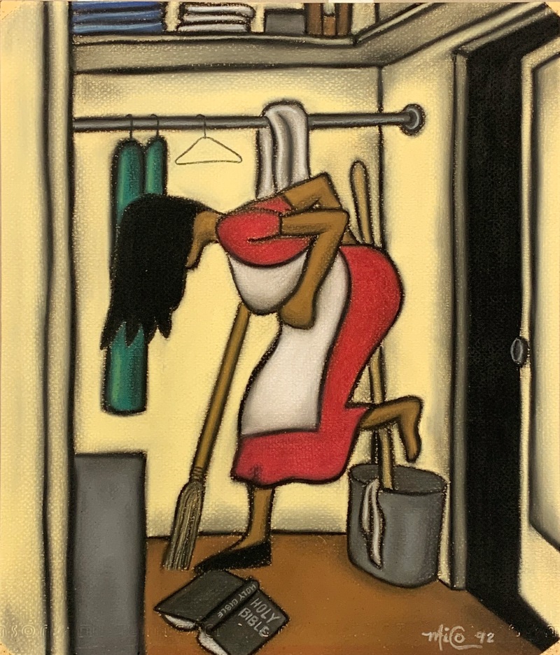 Woman in a closet with a holy bible on the floor of the closet
